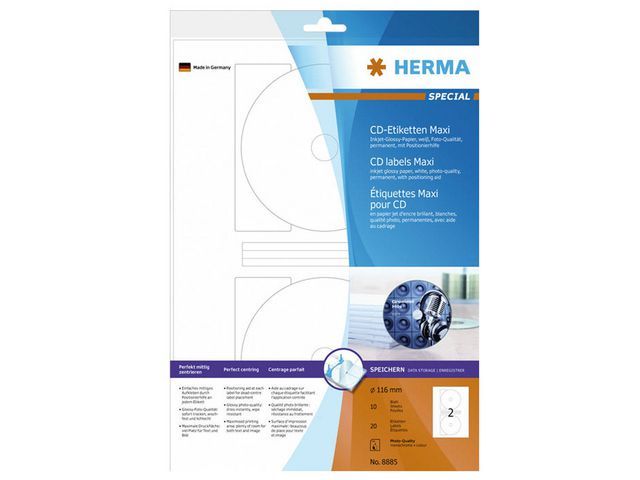 HERMA CD-etiketten u00d8 116 mm maxi wit glossy (Inkjet) (verpakking 20 stuks)