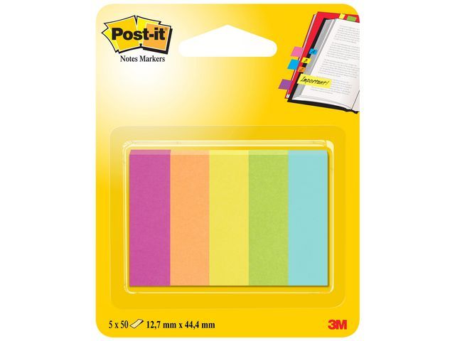 Post-itu00ae Paginamarkers, 12,7 x 44,4 mm, diverse neon- en ultrakleuren, verpakking van 250 stuks (pak 5 blokken)
