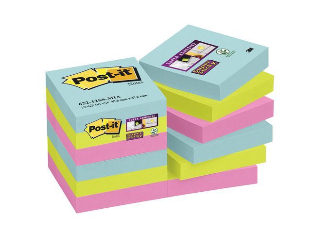 Post-itu00ae Super Sticky Notes blok, 48 x 48 mm, kleurencollectie Miami, 90 vellen (pak 12 stuks)