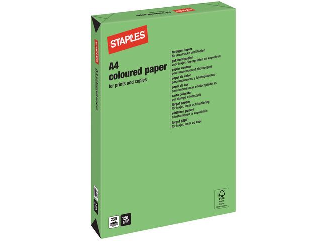 Staples Gekleurd Papier voor Laser, Inkjet en Kopieer A4 120 g/mu00b2 Diepgroen 250 vel (pak 250 vel)