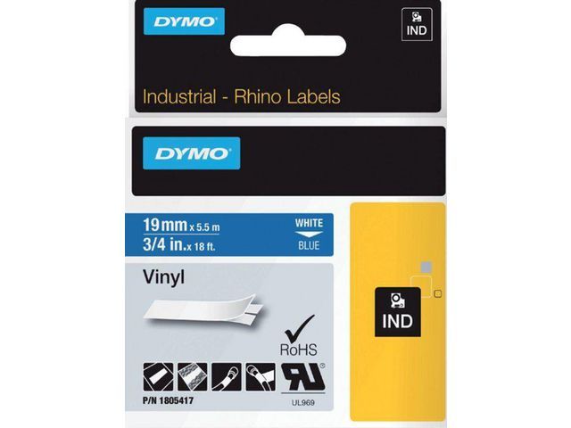 Tape Dymo Rhino vinyl 19mm wit op blauw